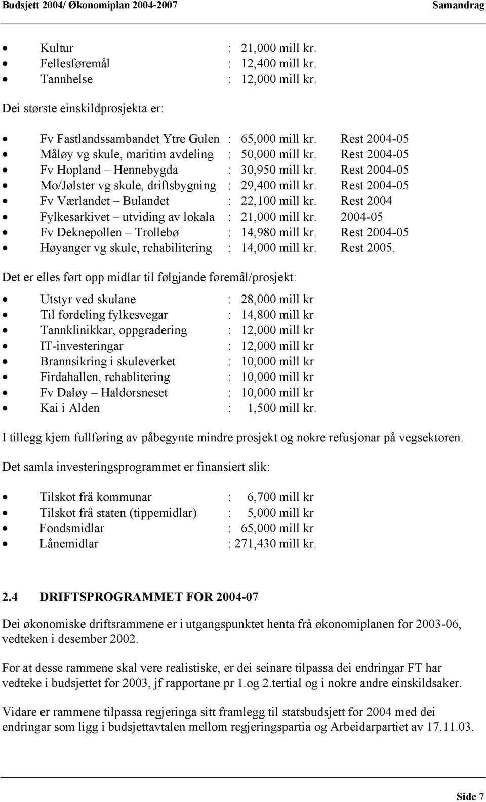 Rest 2004-05 Fv Hopland Hennebygda : 30,950 mill kr. Rest 2004-05 Mo/Jølster vg skule, driftsbygning : 29,400 mill kr. Rest 2004-05 Fv Værlandet Bulandet : 22,100 mill kr.