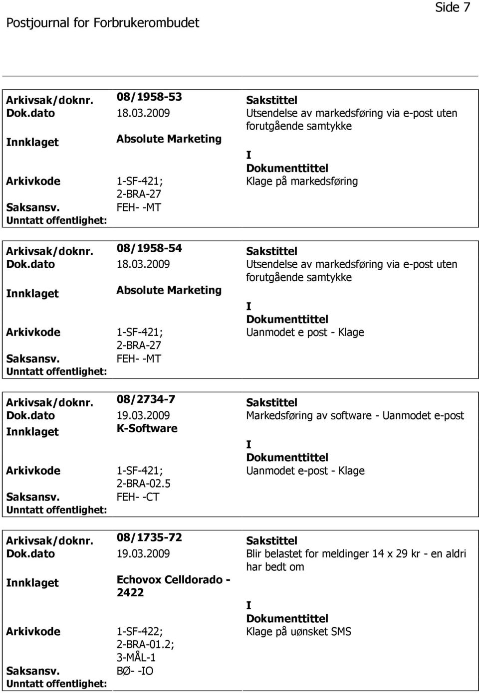 03.2009 tsendelse av markedsføring via e-post uten forutgående samtykke nnklaget Absolute Marketing 1-SF-421; 2-BRA-27 anmodet e post - Klage FEH- -MT Arkivsak/doknr. 08/2734-7 Sakstittel Dok.