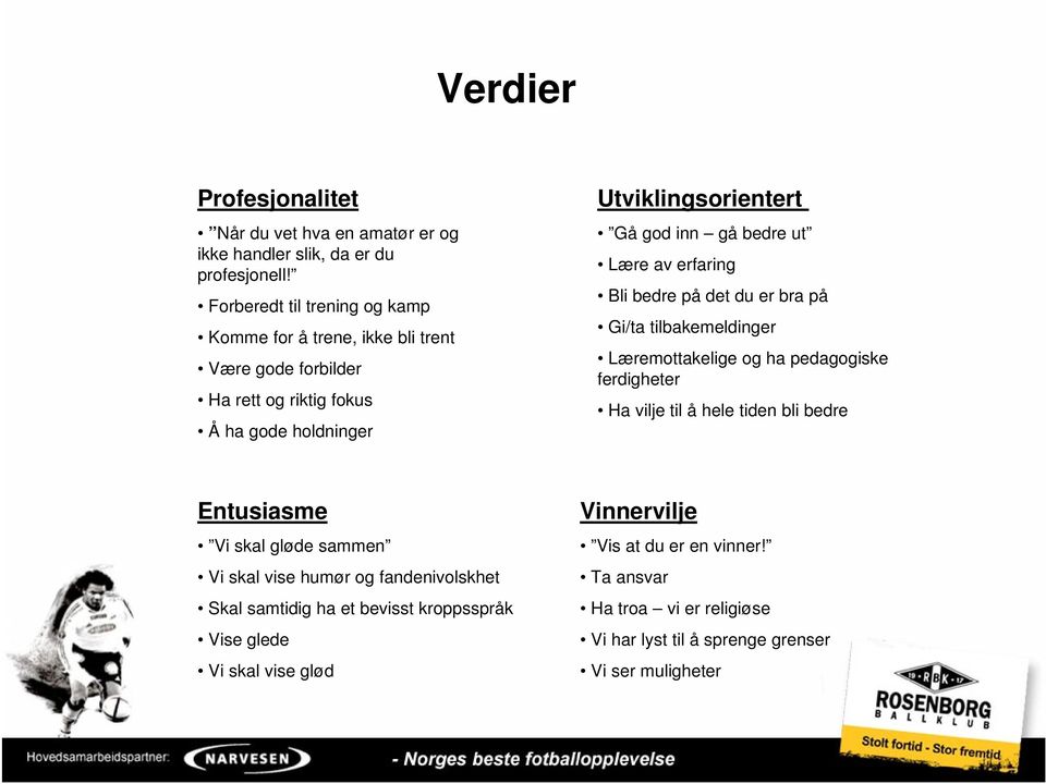 Lære av erfaring Bli bedre på det du er bra på Gi/ta tilbakemeldinger Læremottakelige og ha pedagogiske ferdigheter Ha vilje til å hele tiden bli bedre Entusiasme Vi