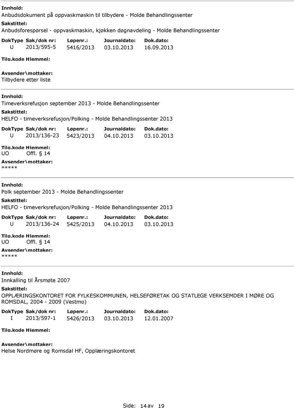 14 olk september 2013 - Molde Behandlingssenter HELFO - timeverksrefusjon/olking - Molde Behandlingssenter 2013 O 2013/136-24 5425/2013 Offl.