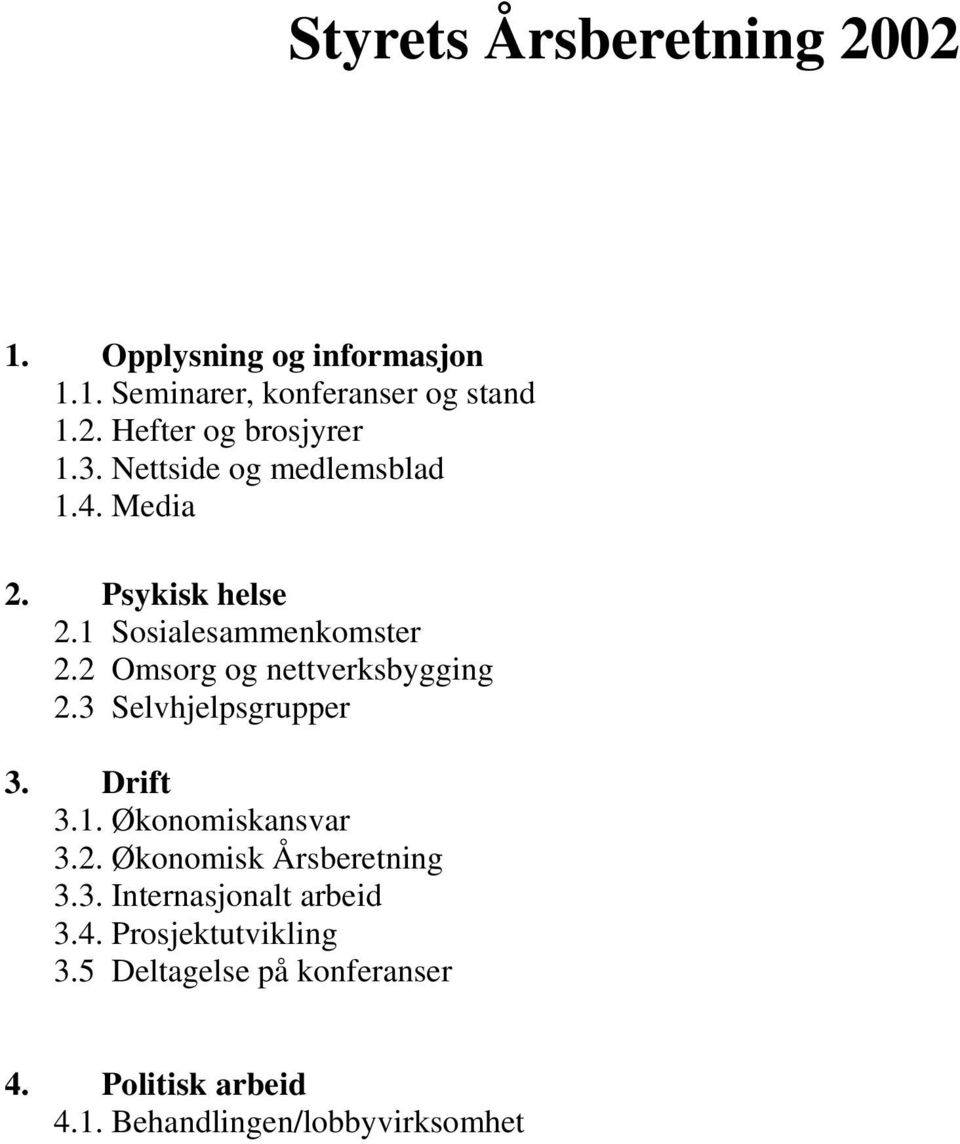 2 Omsorg og nettverksbygging 2.3 Selvhjelpsgrupper 3. Drift 3.1. Økonomiskansvar 3.2. Økonomisk Årsberetning 3.