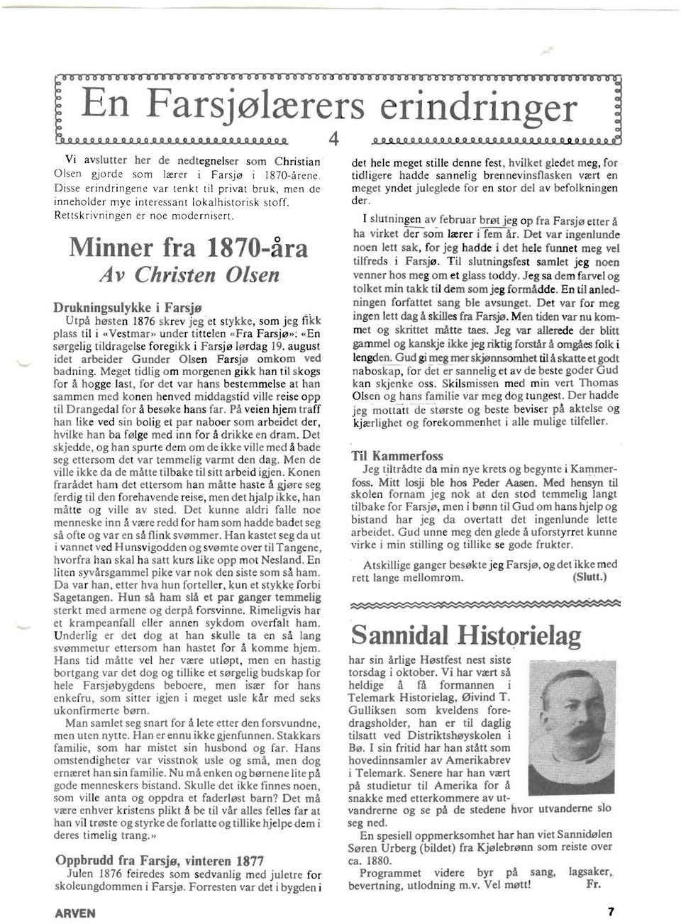 Minner fra 1870-ara Av Christen Olsen Drukningsulykke i FarsjB.