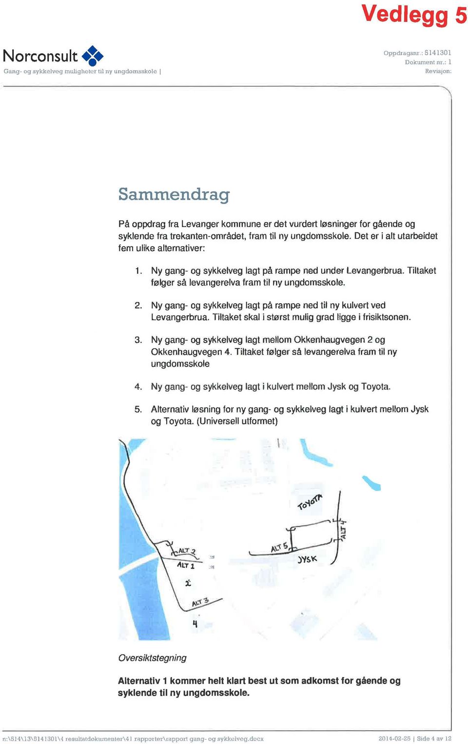 Det er i alt utarbeidet fem ulike alternativer: 1. Ny gang- og sykkelveg lagt på rampe ned under Levangerbrua. Tiltaket følger så levangerelva fram til ny ungdomsskole. 2.