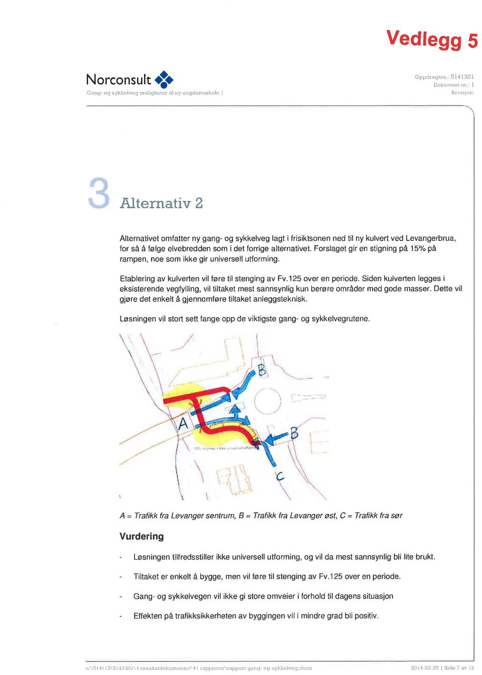 alternativet. Forslaget gir en stigning på 15% på rampen, noe som ikke gir universell utforming. Etablering av kulverten vil føre til stenging av Fv.125 over en periode.