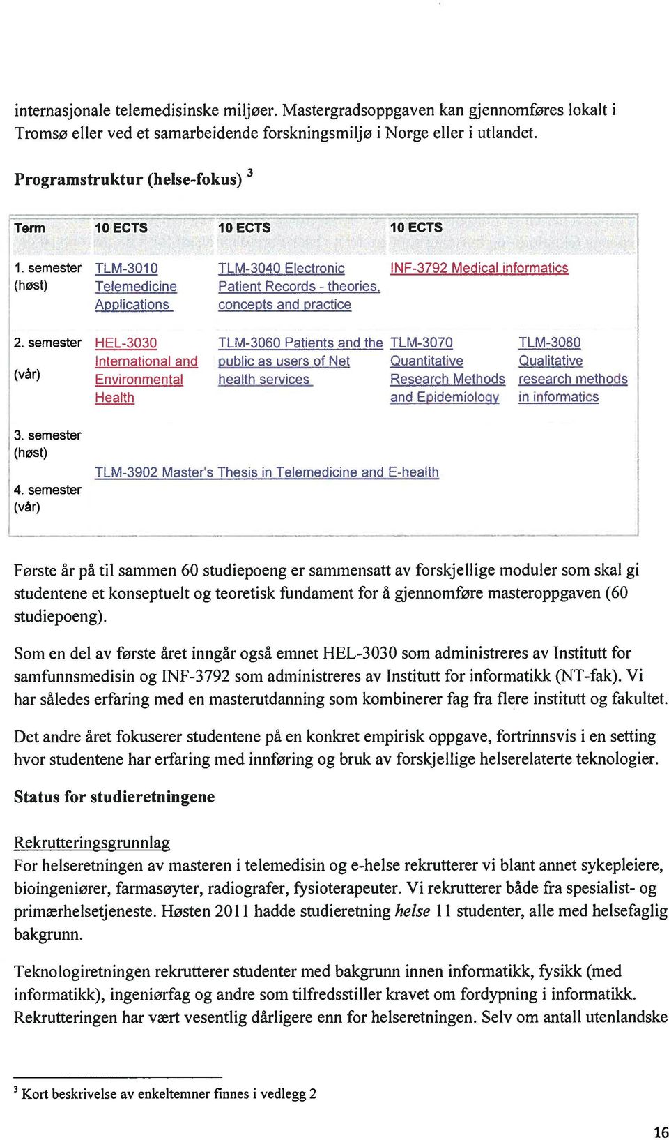 semester TLM3O1O TLM-3Q40 Electronic NF-3792 Medical informatics (høst) Telemedicine Patient Records - theories, Applications concepts and practice 2.