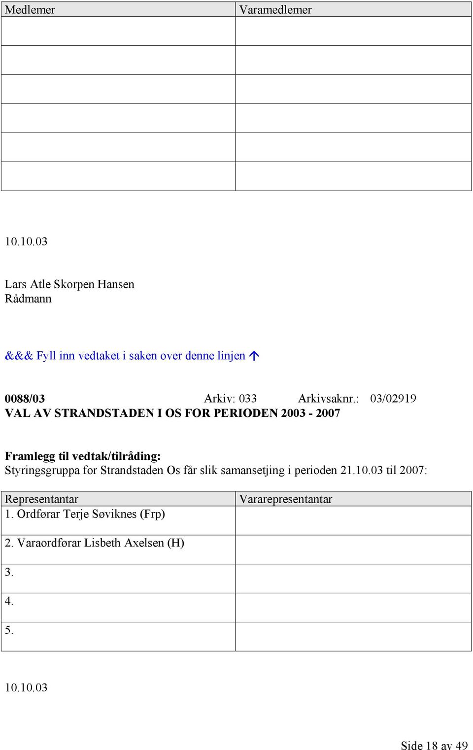 : 03/02919 VAL AV STRANDSTADEN I OS FOR PERIODEN 2003-2007 Framlegg til vedtak/tilråding: Styringsgruppa