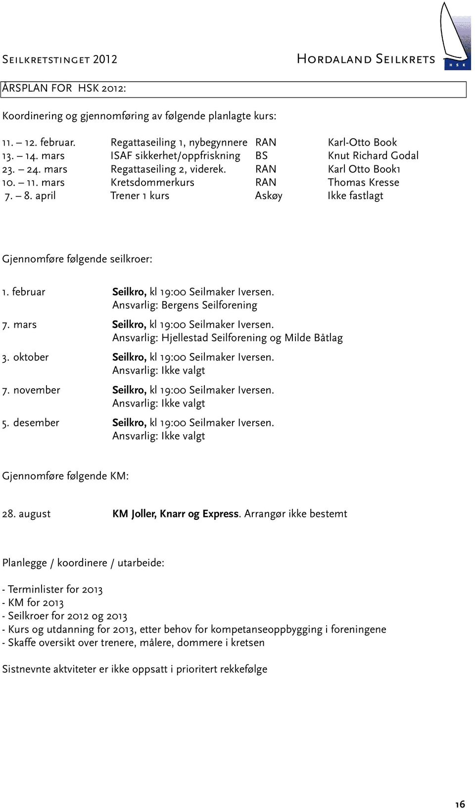 april Trener 1 kurs Askøy Ikke fastlagt Gjennomføre følgende seilkroer: 1. februar Seilkro, kl 19:00 Seilmaker Iversen. Ansvarlig: Bergens Seilforening 7. mars Seilkro, kl 19:00 Seilmaker Iversen.