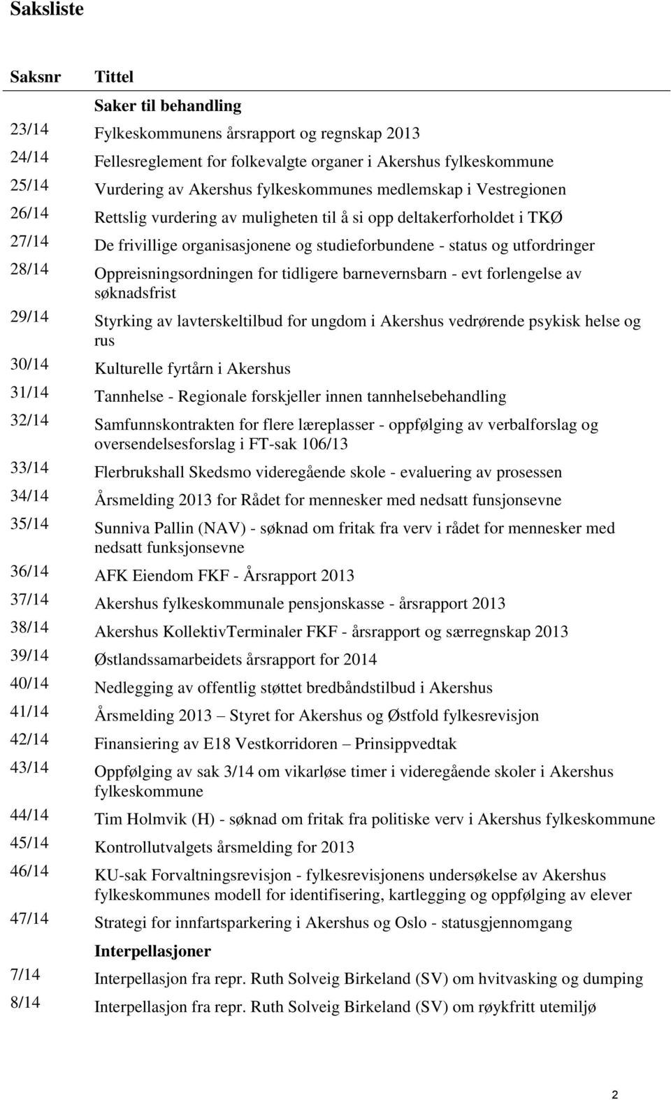 28/14 Oppreisningsordningen for tidligere barnevernsbarn - evt forlengelse av søknadsfrist 29/14 Styrking av lavterskeltilbud for ungdom i Akershus vedrørende psykisk helse og rus 30/14 Kulturelle