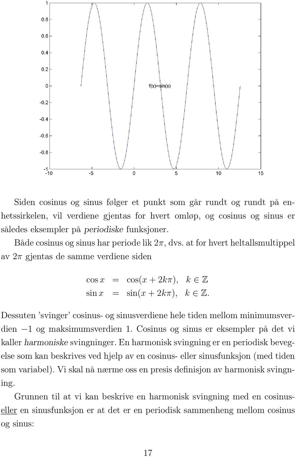 Dessuten svinger cosinus- og sinusverdiene hele tiden mellom minimumsverdien 1 og maksimumsverdien 1. Cosinus og sinus er eksempler på det vi kaller harmoniske svingninger.