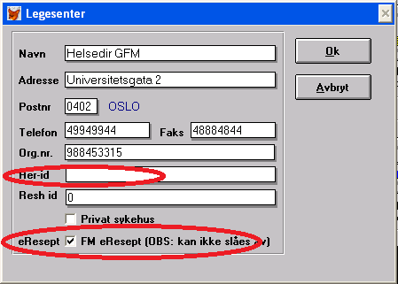 Fjern eventuell HER-id som er fylt inn for legesenteret og kryss av for «eresept», og