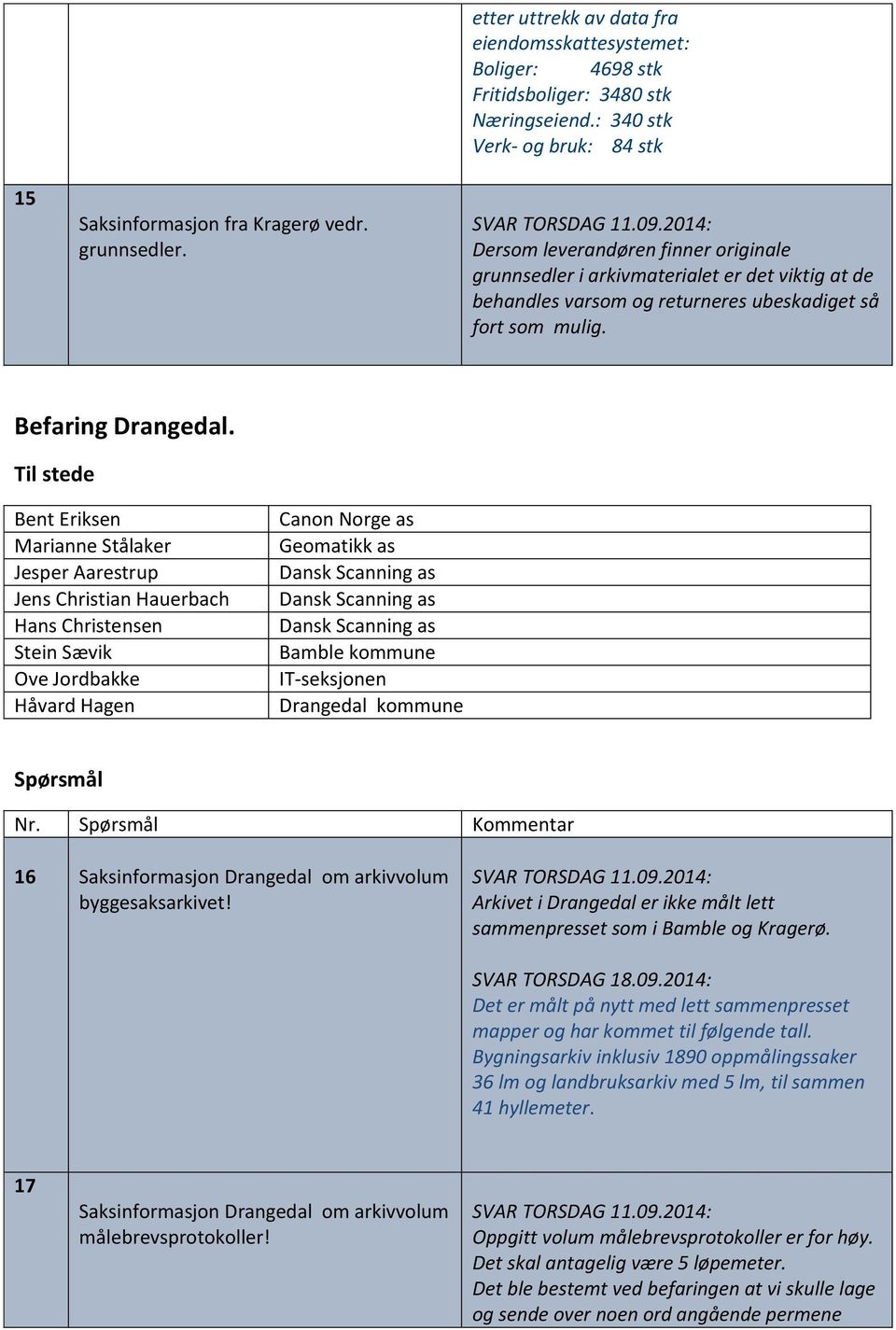 Til stede Bent Eriksen Marianne Stålaker Jesper Aarestrup Jens Christian Hauerbach Hans Christensen Stein Sævik Ove Jordbakke Håvard Hagen Canon Norge as Geomatikk as IT-seksjonen Drangedal kommune