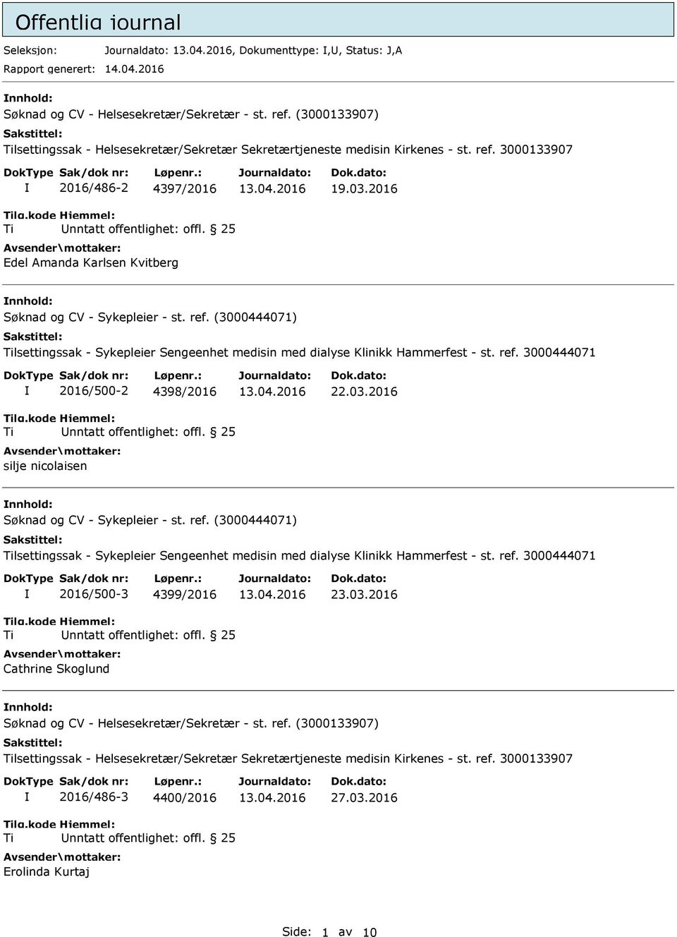 (3000444071) lsettingssak - Sykepleier Sengeenhet medisin med dialyse Klinikk Hammerfest - st. ref. 3000444071 2016/500-2 4398/2016 silje nicolaisen 22.03.2016 nnhold: Søknad og CV - Sykepleier - st.