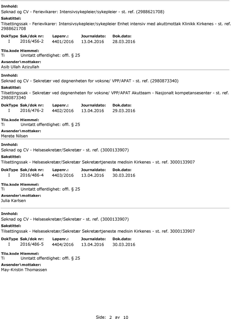 03.2016 nnhold: lsettingssak - Sekretær ved døgnenheten for voksne/ VPP/APAT Akutteam - Nasjonalt kompetansesenter - st. ref. 2016/476-2 4402/2016 Merete Nilsen 29.03.2016 nnhold: lsettingssak - Helsesekretær/Sekretær Sekretærtjeneste medisin Kirkenes - st.