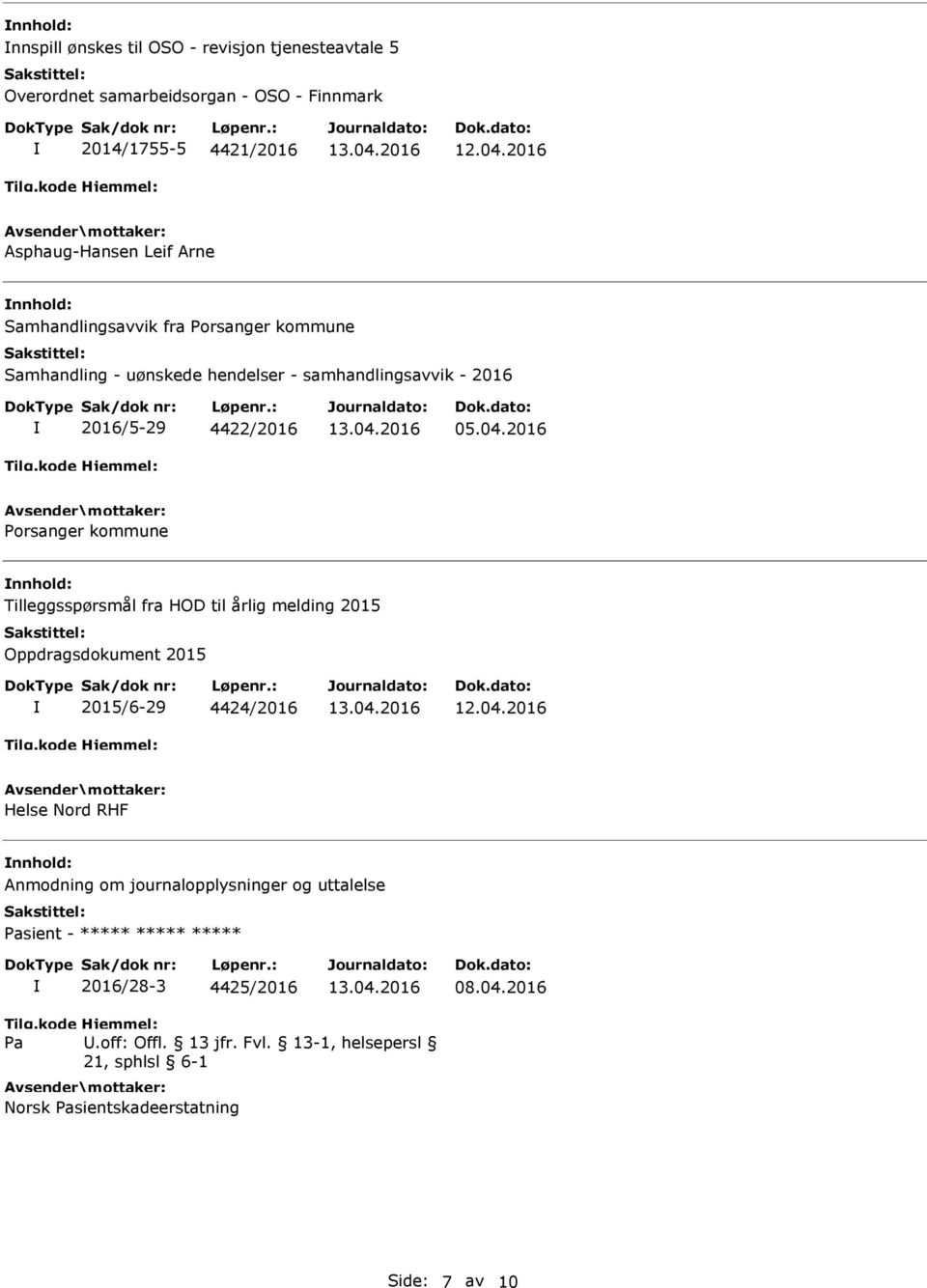 4422/2016 05.04.2016 Porsanger kommune nnhold: lleggsspørsmål fra HOD til årlig melding 2015 Oppdragsdokument 2015 2015/6-29 4424/2016 12.04.2016 Helse Nord RHF nnhold: Anmodning om journalopplysninger og uttalelse sient - ***** ***** ***** 2016/28-3 4425/2016 08.