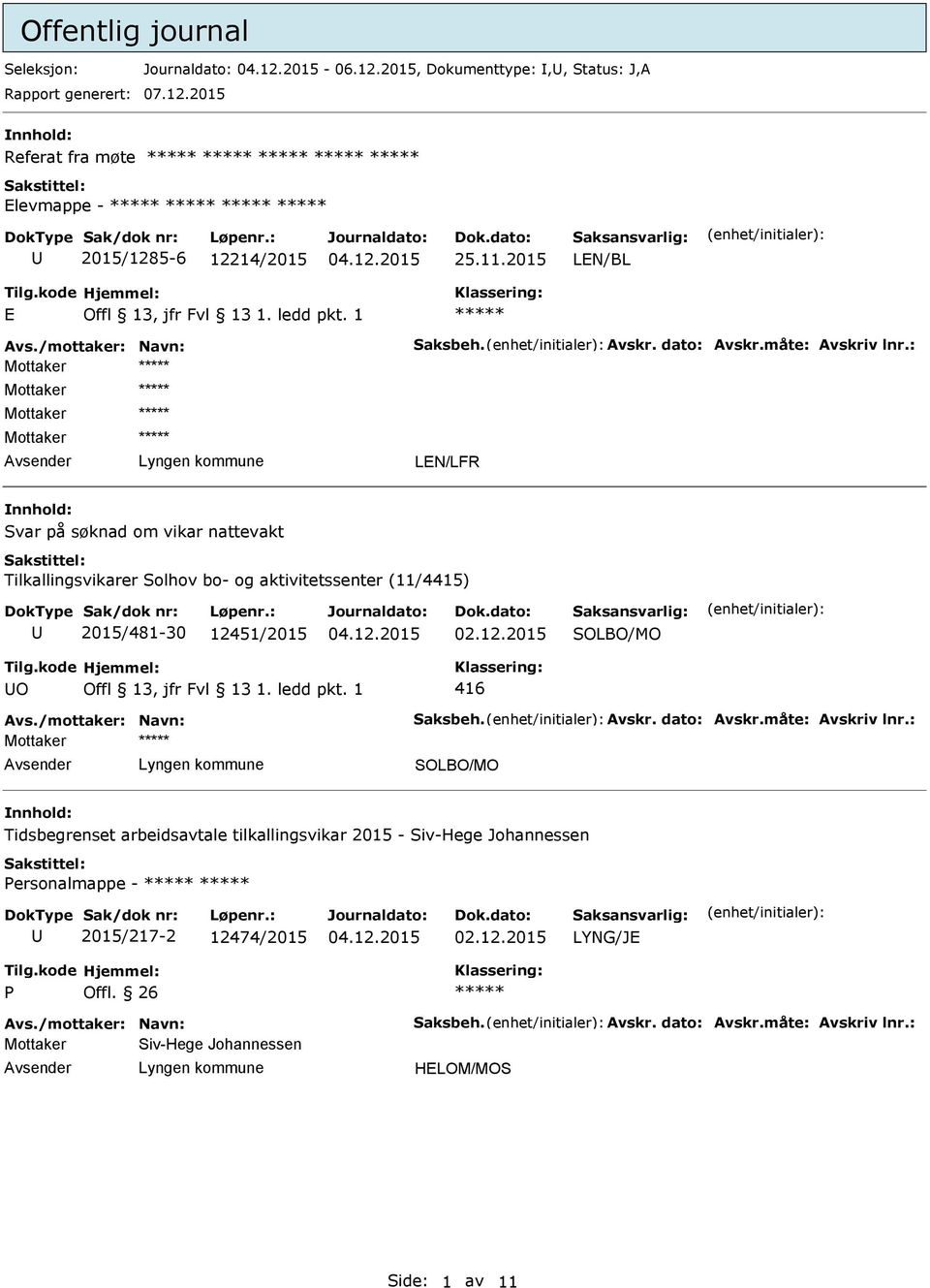 : Mottaker Mottaker Mottaker Mottaker LEN/LFR nnhold: Svar på søknad om vikar nattevakt Tilkallingsvikarer Solhov bo- og aktivitetssenter (11/4415) 2015/481-30 12451/2015 02.12.2015 O 416 Avs.