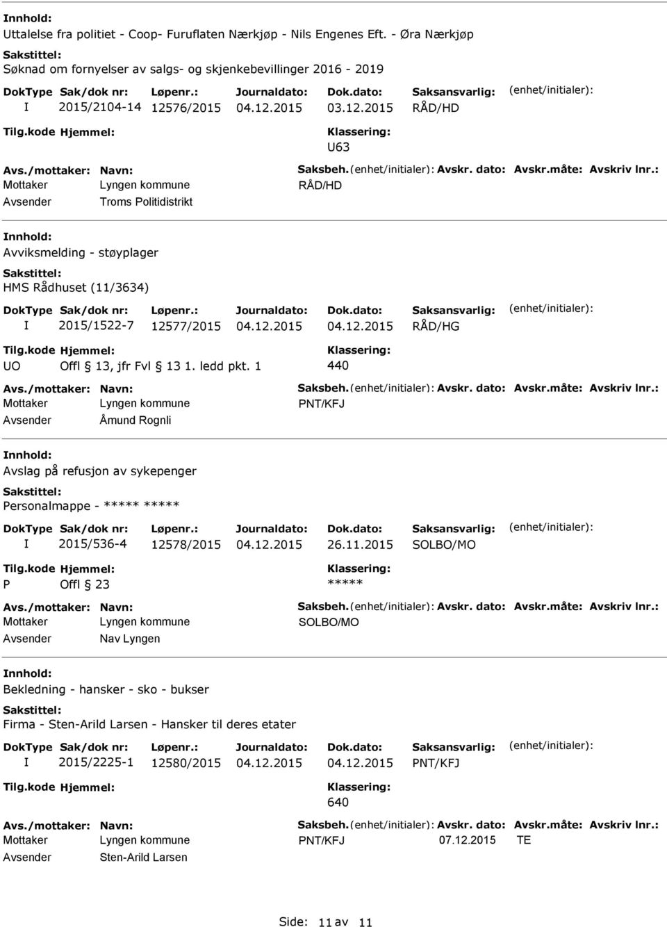 /mottaker: Navn: Saksbeh. Avskr. dato: Avskr.måte: Avskriv lnr.: NT/KFJ Åmund Rognli nnhold: Avslag på refusjon av sykepenger ersonalmappe - 2015/536-4 12578/2015 26.11.2015 Offl 23 Avs.