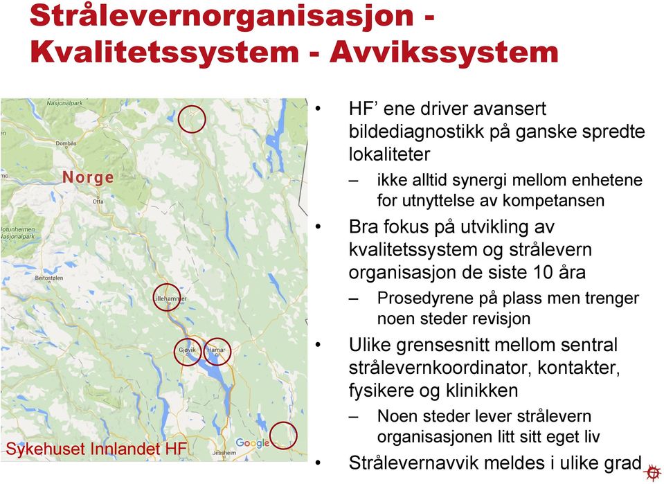 strålevern organisasjon de siste 10 åra Prosedyrene på plass men trenger noen steder revisjon Ulike grensesnitt mellom sentral