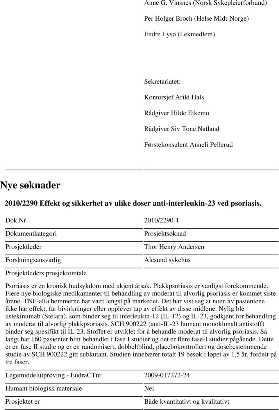 Anneli Pellerud Nye søknader 2010/2290 Effekt og sikkerhet av ulike doser anti-interleukin-23 ved psoriasis. Dok.Nr.