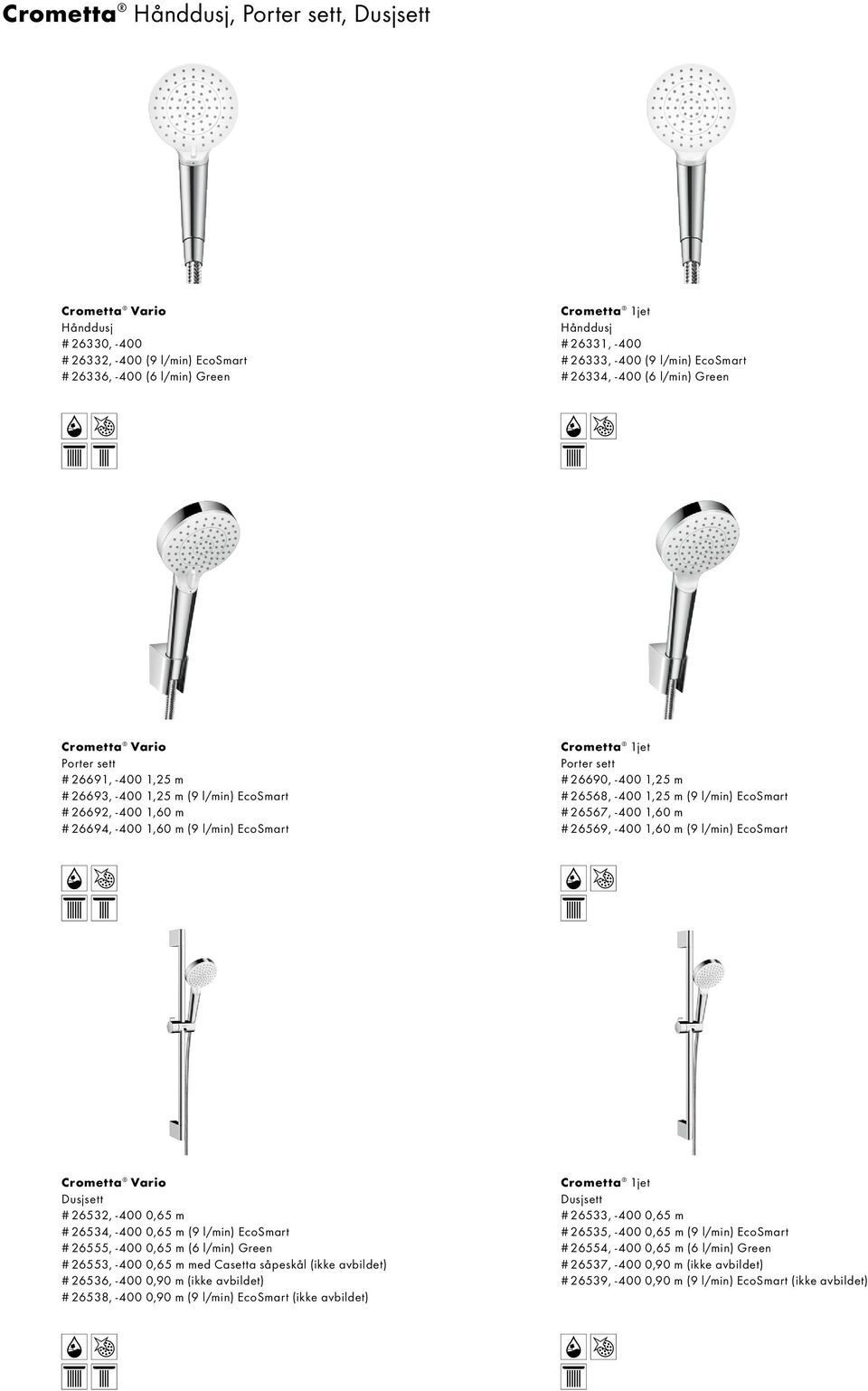 Crometta 1jet Porter sett # 26690, -400 1,25 m # 26568, -400 1,25 m (9 l/min) EcoSmart # 26567, -400 1,60 m # 26569, -400 1,60 m (9 l/min) EcoSmart Crometta Vario Dusjsett # 26532, -400 0,65 m #