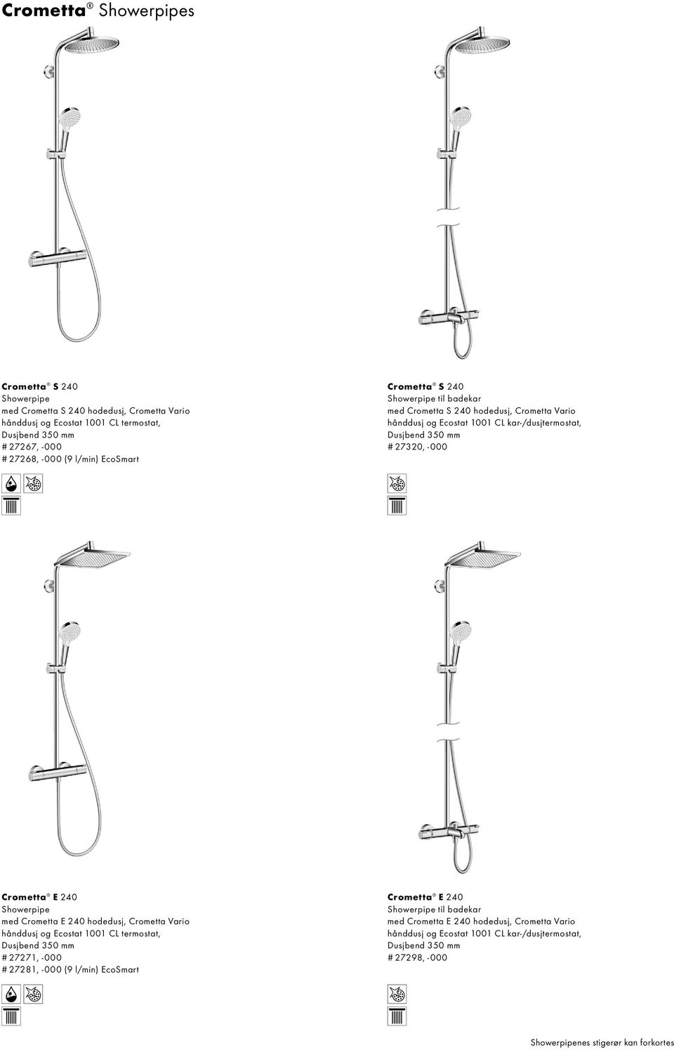 Crometta E 240 Showerpipe med Crometta E 240 hodedusj, Crometta Vario hånddusj og Ecostat 1001 CL termostat, # 27271, -000 # 27281, -000 (9 l/min) EcoSmart Crometta