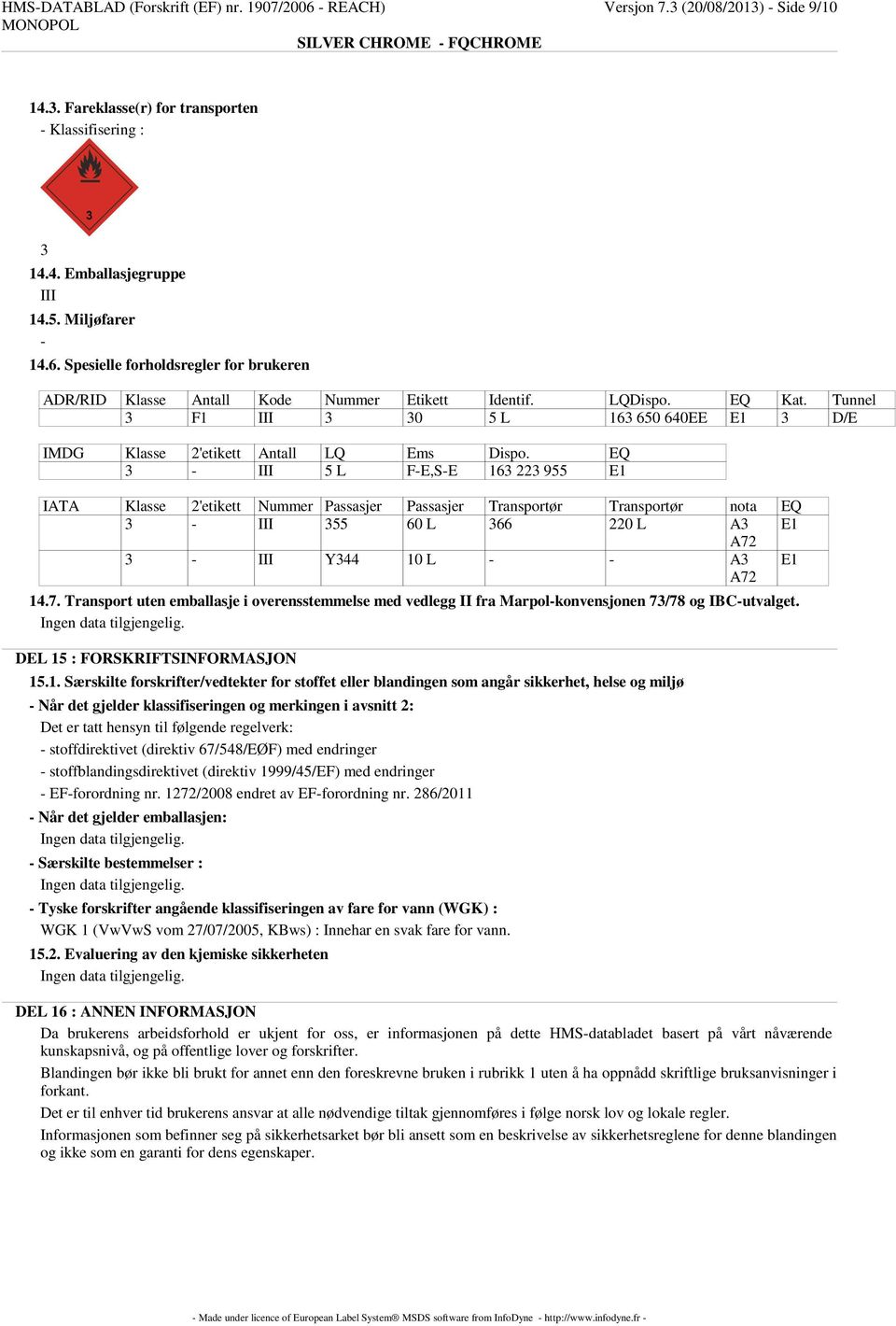 EQ 3 - III 5 L F-E,S-E 163 223 955 E1 IATA Klasse 2'etikett Nummer Passasjer Passasjer Transportør Transportør nota EQ 3 - III 355 60 L 366 220 L A3 E1 A72