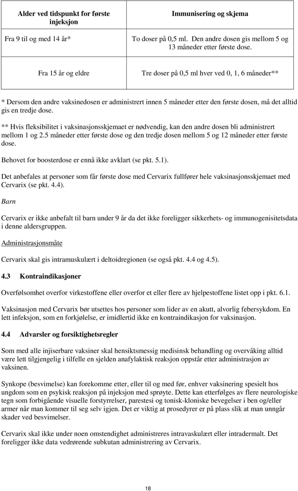 ** Hvis fleksibilitet i vaksinasjonsskjemaet er nødvendig, kan den andre dosen bli administrert mellom 1 og 2.5 måneder etter første dose og den tredje dosen mellom 5 og 12 måneder etter første dose.