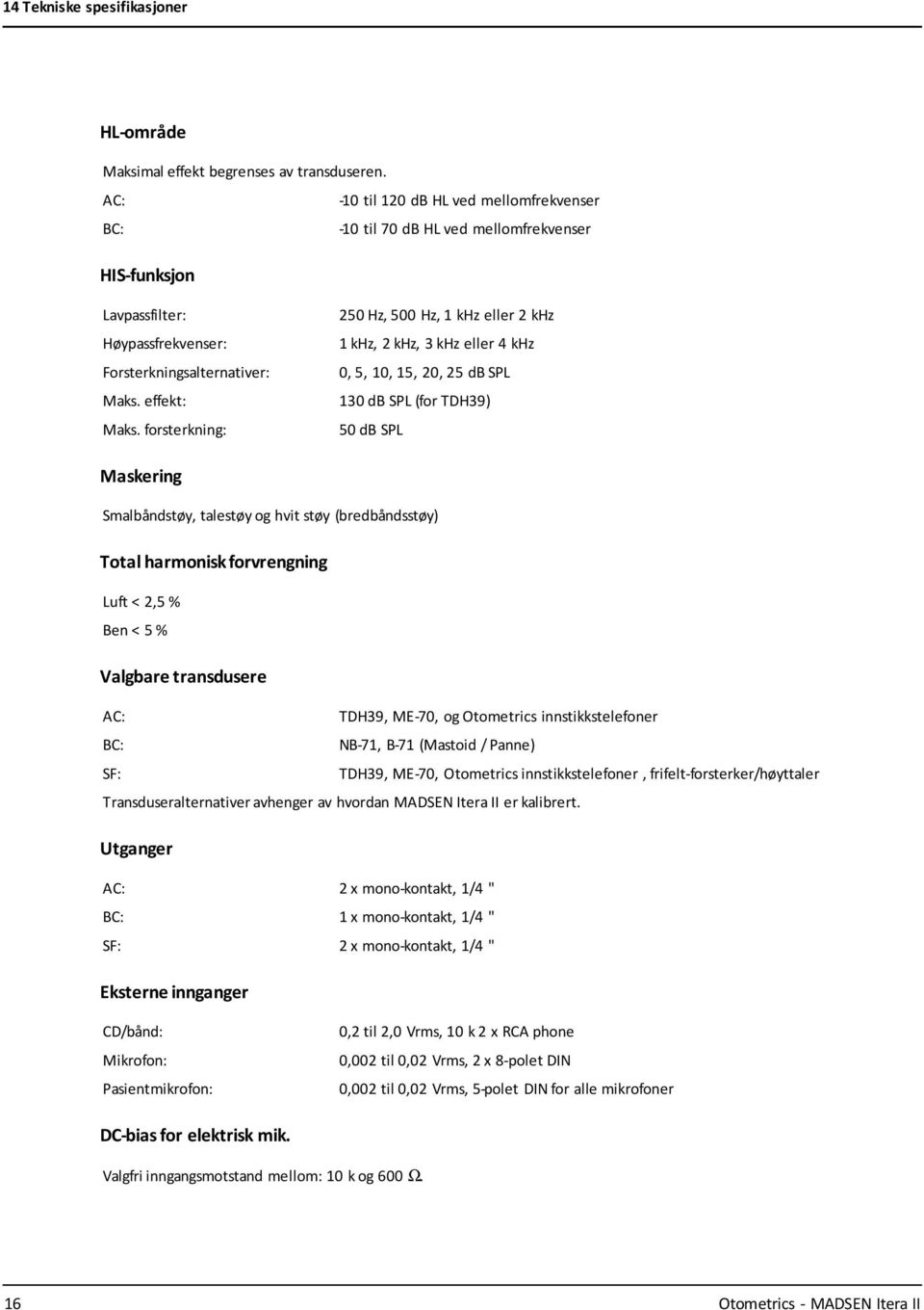 forsterkning: 250 Hz, 500 Hz, 1 khz eller 2 khz 1 khz, 2 khz, 3 khz eller 4 khz 0, 5, 10, 15, 20, 25 db SPL 130 db SPL (for TDH39) 50 db SPL Maskering Smalbåndstøy, talestøy og hvit støy