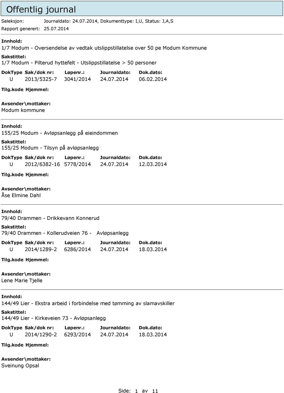 2014 Modum kommune 155/25 Modum - Avløpsanlegg på eieindommen 155/25 Modum - Tilsyn på avløpsanlegg 2012/6382-16 5778/2014 12.03.