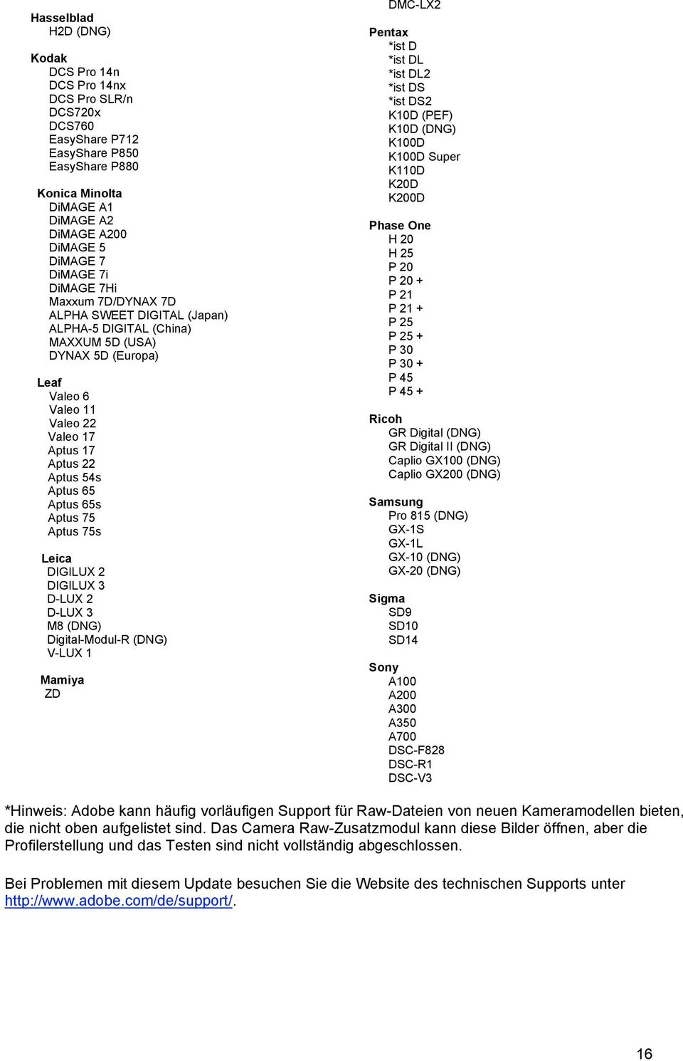 Aptus 65s Aptus 75 Aptus 75s Leica DIGILUX 2 DIGILUX 3 D-LUX 2 D-LUX 3 M8 (DNG) Digital-Modul-R (DNG) V-LUX 1 Mamiya ZD DMC-LX2 Pentax *ist D *ist DL *ist DL2 *ist DS *ist DS2 K10D (PEF) K10D (DNG)