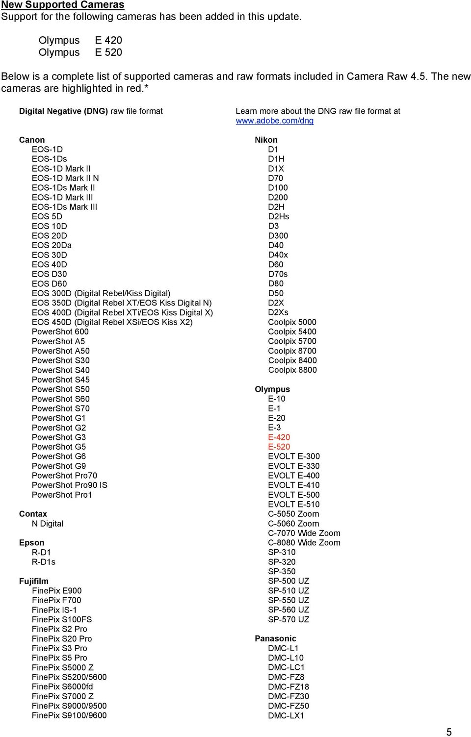 * Digital Negative (DNG) raw file format Canon EOS-1D EOS-1Ds EOS-1D Mark II EOS-1D Mark II N EOS-1Ds Mark II EOS-1D Mark III EOS-1Ds Mark III EOS 5D EOS 10D EOS 20D EOS 20Da EOS 30D EOS 40D EOS D30