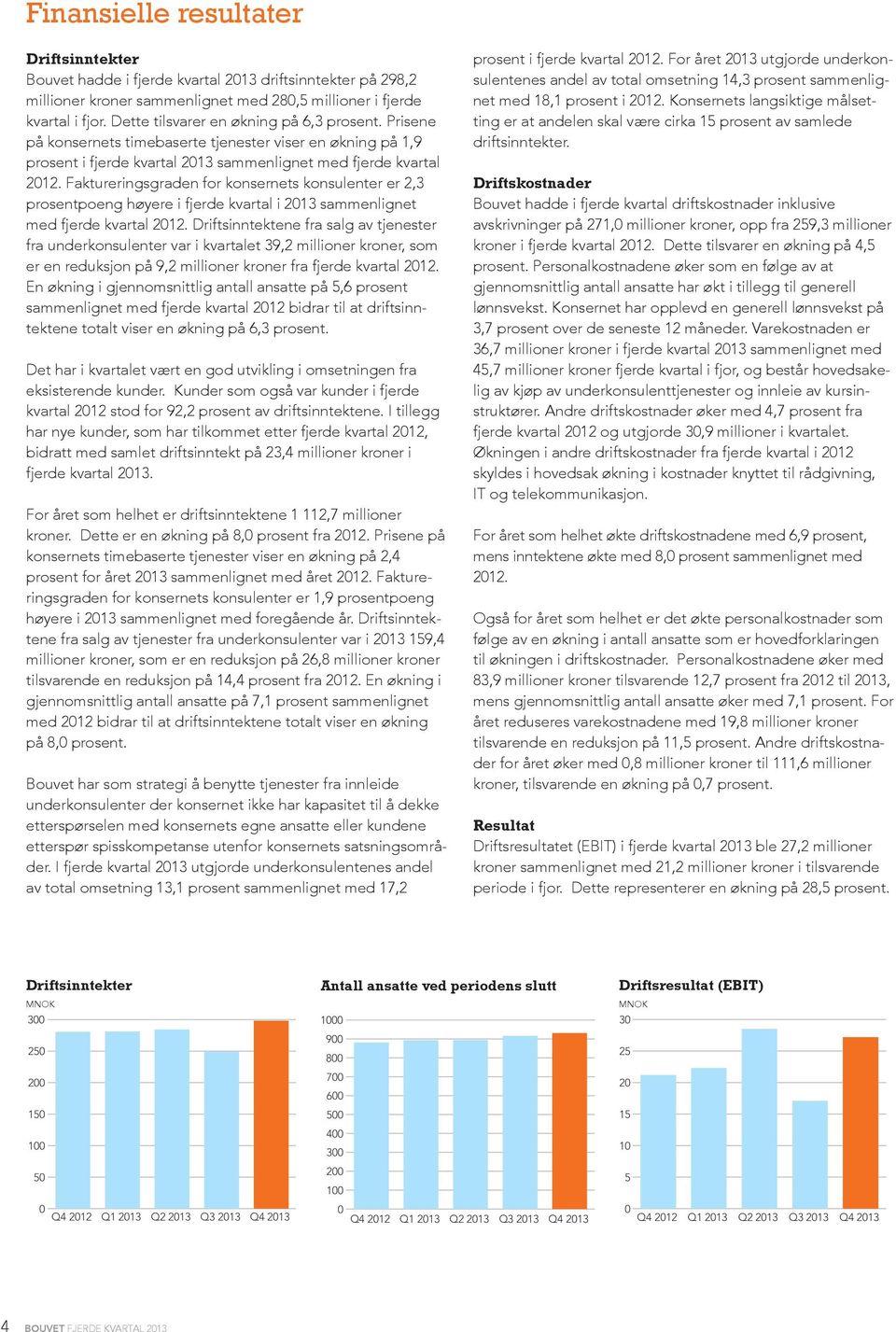 Faktureringsgraden for konsernets konsulenter er 2,3 prosentpoeng høyere i fjerde kvartal i 2013 sammenlignet med fjerde kvartal 2012.