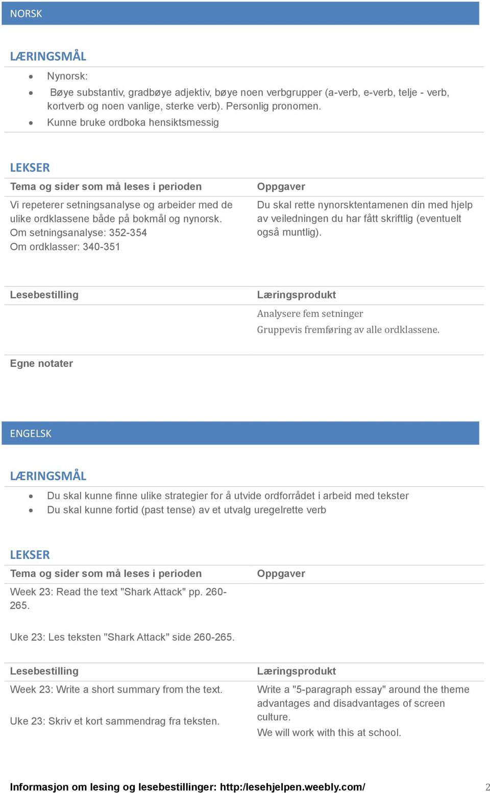 Om setningsanalyse: 352-354 Om ordklasser: 340-351 Du skal rette nynorsktentamenen din med hjelp av veiledningen du har fått skriftlig (eventuelt også muntlig).