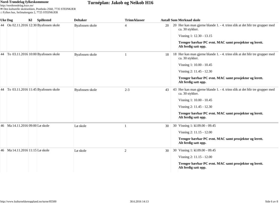 trinn slik at det blir tre grupper med Visning 2: 11.45-12.30 46 Ma 14.11.2016 09:00 Lø skole Lø skole 1 30 30 Visning 1: kl.09.00-09.45 46 Ma 14.11.2016 11:15 Lø skole Lø skole 2 30 30 Visning 1: kl.