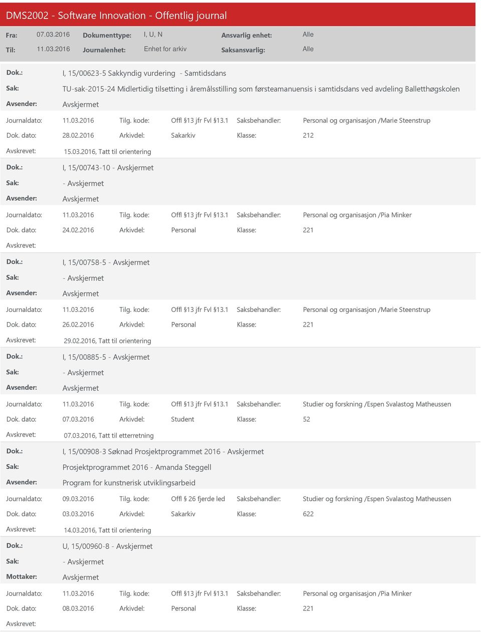 dato: Arkivdel: Student 52, Tatt til etterretning I, 15/00908-3 Søknad Prosjektprogrammet 2016 - Prosjektprogrammet 2016 - Amanda Steggell Program for kunstnerisk utviklingsarbeid Journaldato: 09.