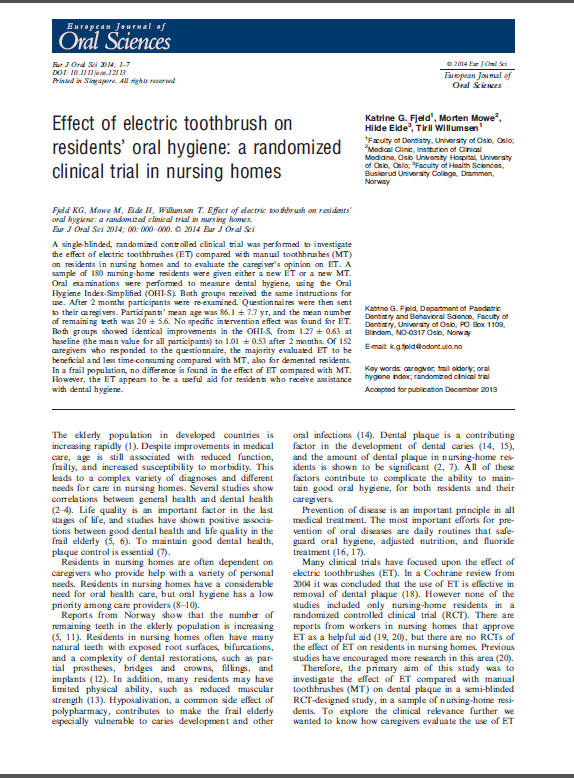 Enkle hjelpemidler Effect of electric toothbrush on residents' oral hygiene: a randomized