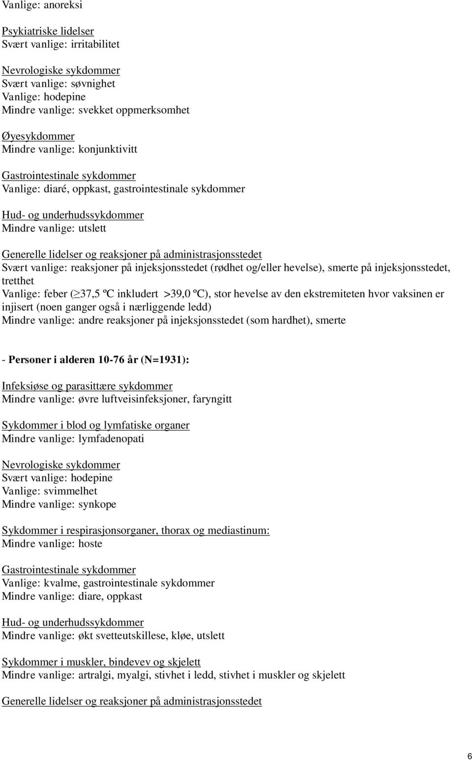 administrasjonsstedet Svært vanlige: reaksjoner på injeksjonsstedet (rødhet og/eller hevelse), smerte på injeksjonsstedet, tretthet Vanlige: feber ( 37,5 ºC inkludert >39,0 ºC), stor hevelse av den