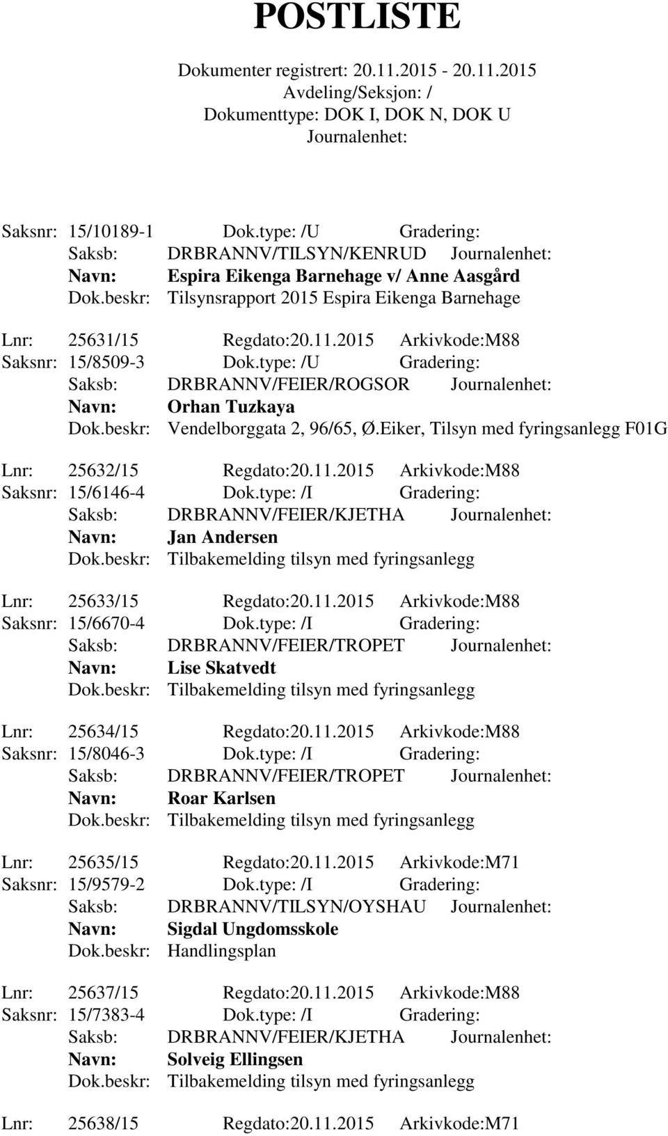 Eiker, Tilsyn med fyringsanlegg F01G Lnr: 25632/15 Regdato:20.11.2015 Arkivkode:M88 Saksnr: 15/6146-4 Dok.type: /I Gradering: Saksb: DRBRANNV/FEIER/KJETHA Navn: Jan Andersen Lnr: 25633/15 Regdato:20.