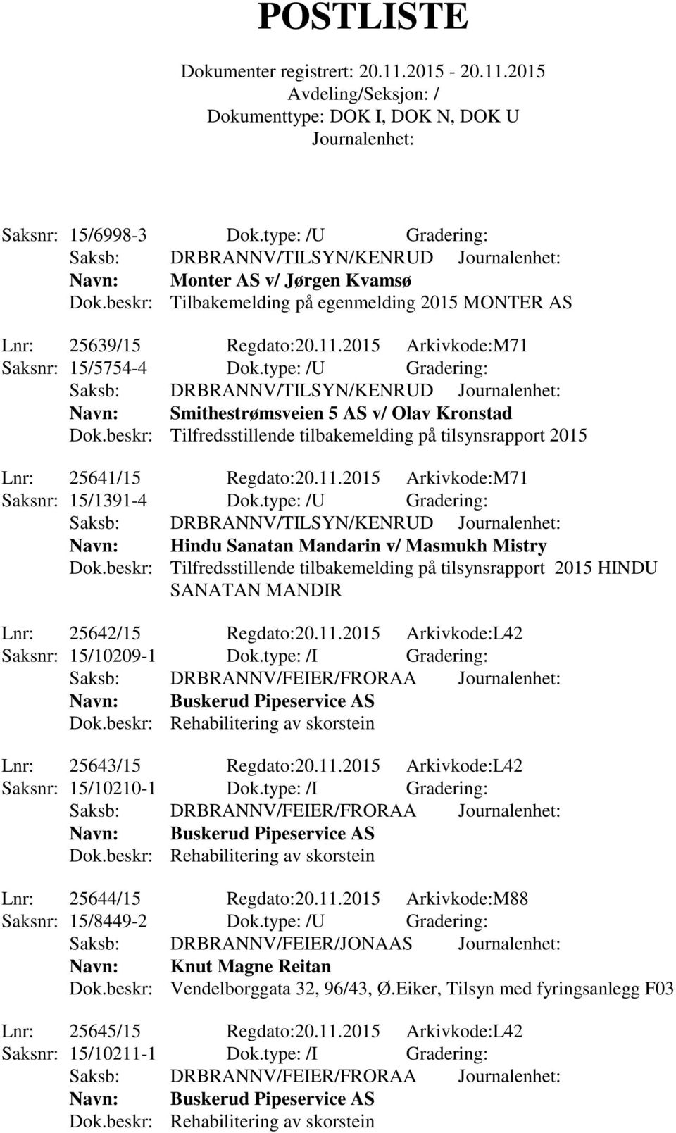 2015 Arkivkode:M71 Saksnr: 15/1391-4 Dok.type: /U Gradering: Navn: Hindu Sanatan Mandarin v/ Masmukh Mistry Dok.