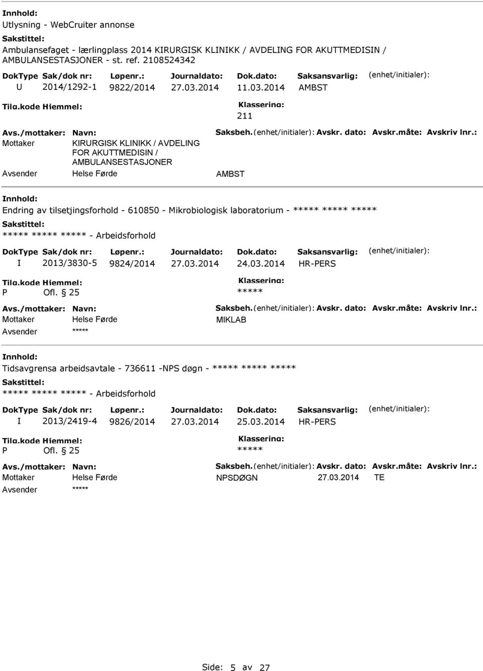 2014 Mottaker KRRGSK KLNKK / AVDELNG FOR AKTTMEDSN / AMBLANSESTASJONER Endring av tilsetjingsforhold - 610850 - Mikrobiologisk