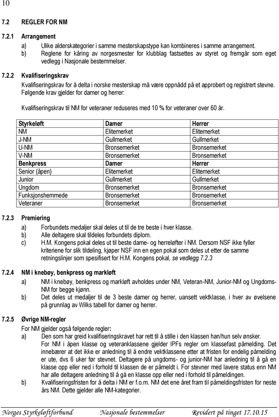 2 Kvalifiseringskrav Kvalifiseringskrav for å delta i norske mesterskap må være oppnådd på et approbert og registrert stevne.