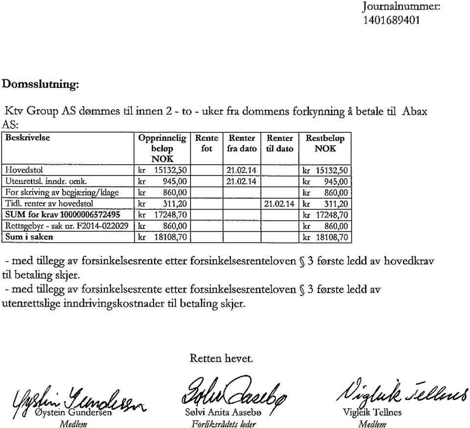 hrndr. ornk. kr 945,00 21.02.14 kr 945,00 For skriving av begjæring/klage kr 860,00 kr 860,00 Tidi. renter avhovedstol kr 311,20 21.02.14 kr 311,20 SUM for krav 10000006572495 kr 17248,70 kr 17248,70 Rettsgebyr - sak nr.