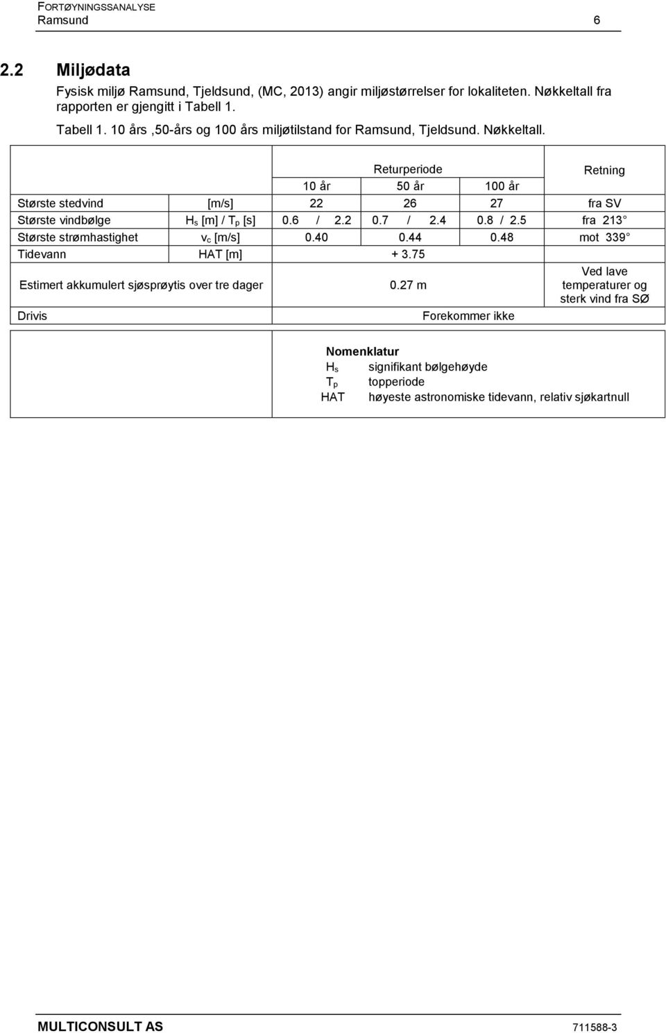 Returperiode Retning 10 år 50 år 100 år Største stedvind [m/s] 22 26 27 fra SV Største vindbølge H s [m] / T p [s] 0.6 / 2.2 0.7 / 2.4 0.8 / 2.