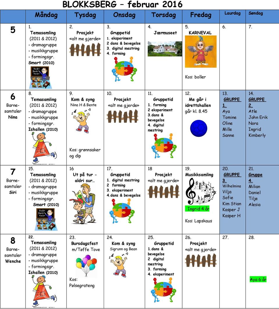 Aya Tomine Oline Mille Sanne 1 Atle John Erik Nora Ingrid Kimberly Kos: grønnsaker og dip 7 Barnesamtaler Siri 15. Smart (2010) 16 Ut på tur - aldri sur 17. 1. digital mestring 2 forming eksperiment dans & bevegelse 18 «alt me gjerde» 19.