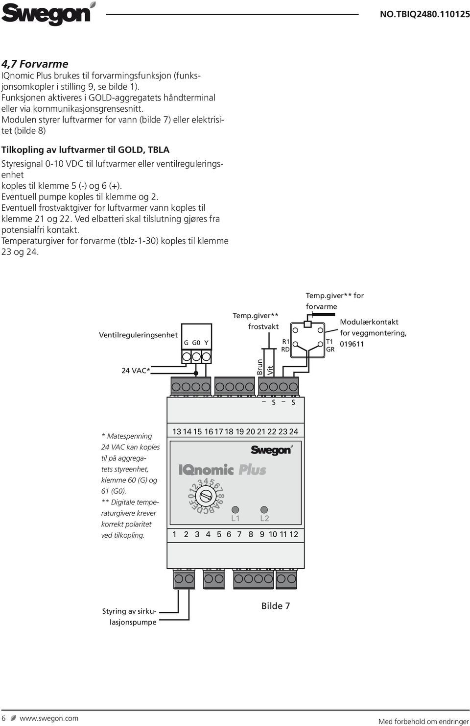 Modulen styrer luftvarmer for vann (bilde 7) eller elektrisitet (bilde 8) Tilkopling av luftvarmer til GOLD, TBLA Styresignal 0-10 VDC til luftvarmer eller ventilreguleringsenhet koples til klemme 5