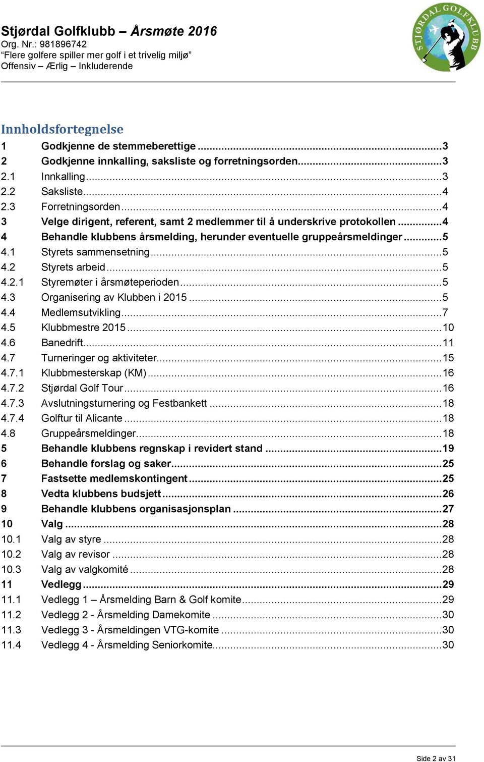 .. 5 4.2.1 Styremøter i årsmøteperioden... 5 4.3 Organisering av Klubben i 2015... 5 4.4 Medlemsutvikling... 7 4.5 Klubbmestre 2015... 10 4.6 Banedrift... 11 4.7 Turneringer og aktiviteter... 15 4.7.1 Klubbmesterskap (KM).