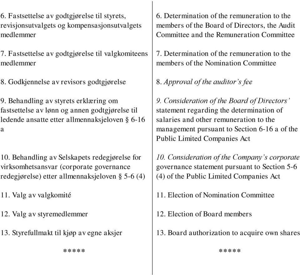 Behandling av Selskapets redegjørelse for virksomhetsansvar (corporate governance redegjørelse) etter allmennaksjeloven 5-6 (4) 11. Valg av valgkomité 12. Valg av styremedlemmer 13.