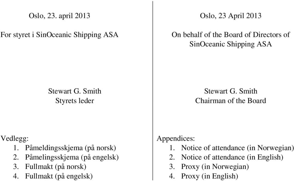 SinOceanic Shipping ASA Stewart G. Smith Styrets leder Stewart G. Smith Chairman of the Board Vedlegg: 1.