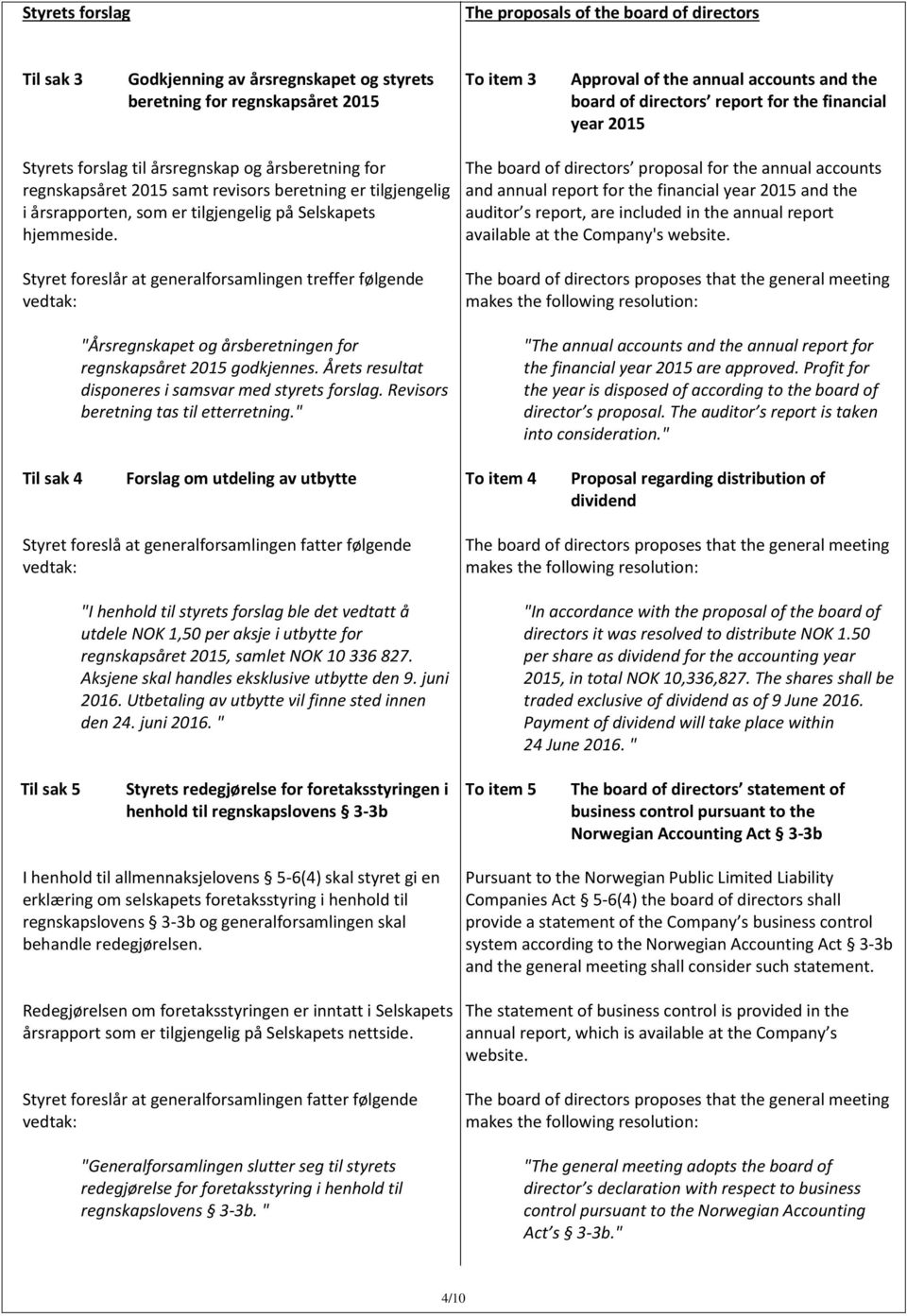 Selskapets hjemmeside. Styret foreslår at generalforsamlingen treffer følgende vedtak: "Årsregnskapet og årsberetningen for regnskapsåret 2015 godkjennes.