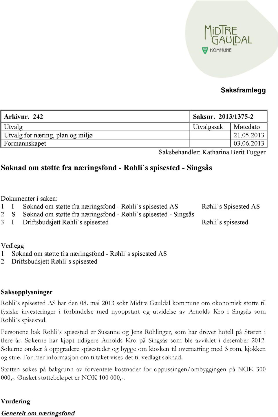 Spisested AS 2 S Søknad om støtte fra næringsfond - Røhli`s spisested - Singsås 3 I Driftsbudsjett Røhli`s spisested Røhli`s spisested Vedlegg 1 Søknad om støtte fra næringsfond - Røhli`s spisested