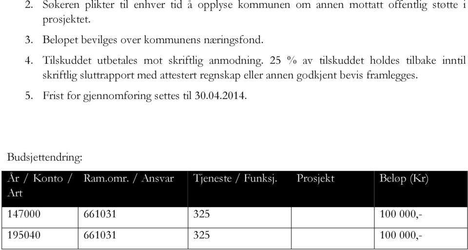 25 % av tilskuddet holdes tilbake inntil skriftlig sluttrapport med attestert regnskap eller annen godkjent bevis framlegges. 5.